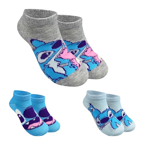 Disney Lilo & Stitch Official Kids Girls 3 Pack No Show Ankle Socks - Assorted Designs & Colors (US Alpha Small Grey Blue Light Blue)