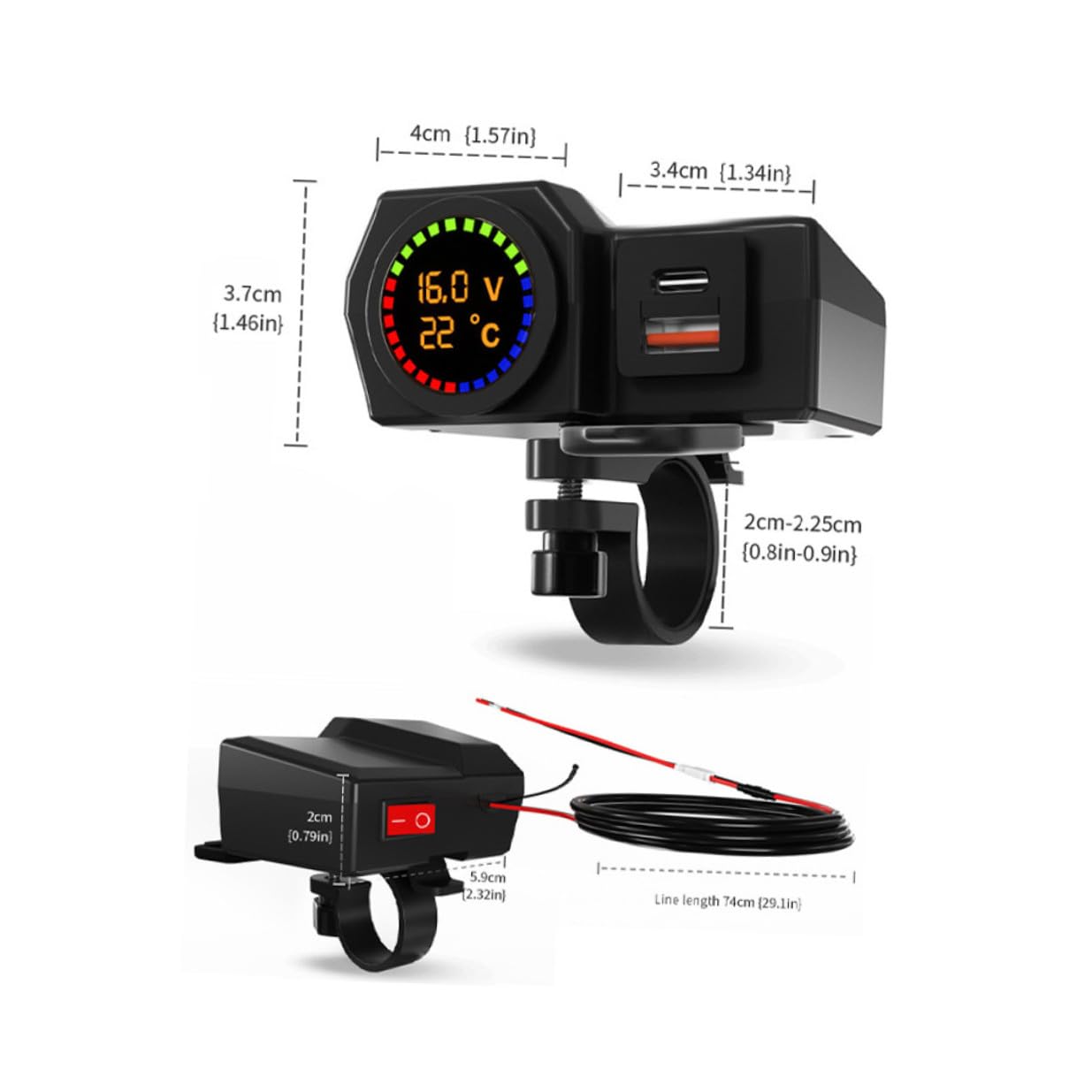 Motorrad Ladegerät mit USB und USB C-anschluss, Schwarz