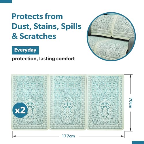 Image of Kuber Industries (Set of 6) Durable 3 Seater Sofa Covers for Living Room | Easy Machine Washable SOFE ke Cover for Protection & Comfort for Home | Floral Design - Aqua & White