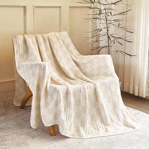 Image of 100% Cotton Muslin Blanket Cream Checkerboard 6-Layer Gauze King Bed Blanket Lightweight Soft and Breathable Blanket for Couch Bed Coverlet (Cream Checkerboard, King)
