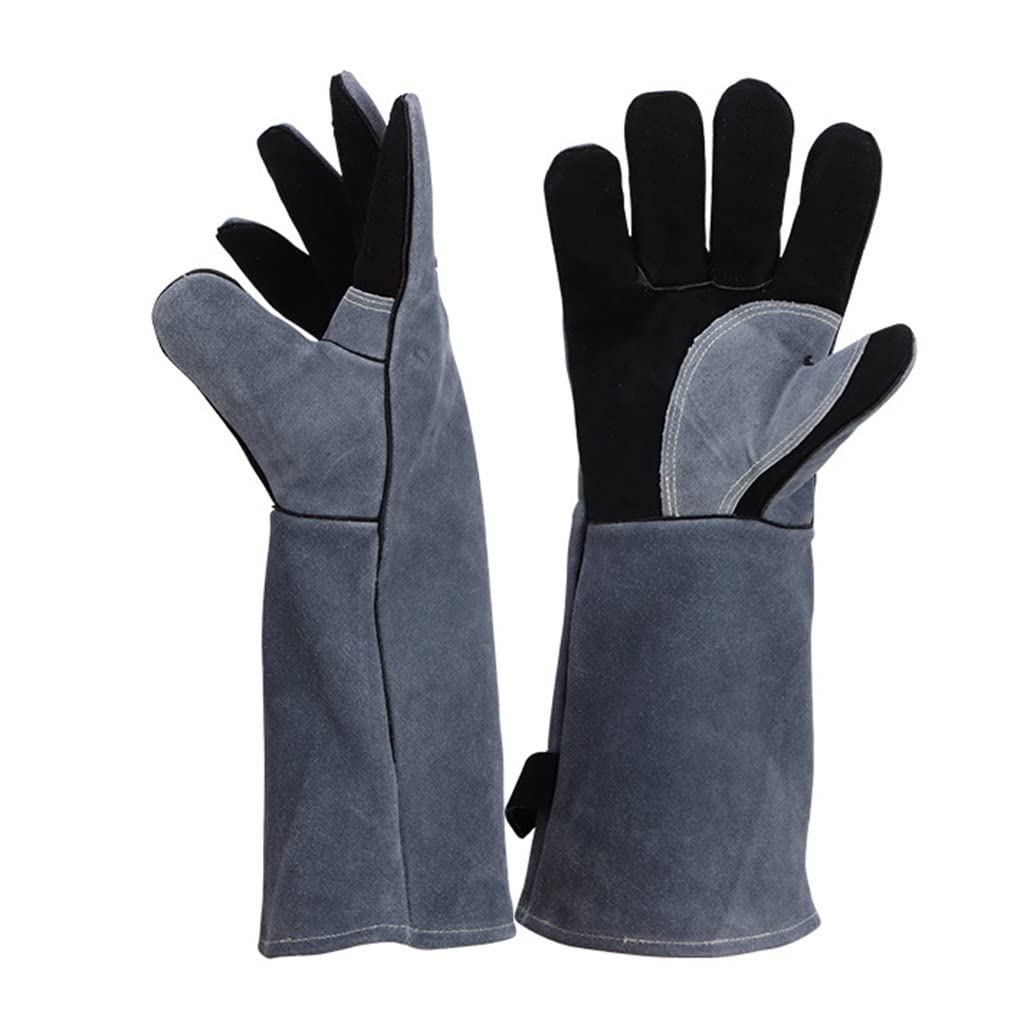 Schweißerhandschuh aus Rindsleder Hitzebeständig Dauerhaft Widerstandsfähiges Leder Handschuhe Schmieden Langarm für BBQ-Küchenofen,Camping, Grillofen Kochen (Color : Black)