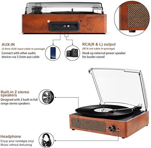 Bluetooth Turntable Vinyl Record Player With Speakers, 3 Speed Belt Driven Vintage Player For Entertainment Aux In Rca Out #TOP2
