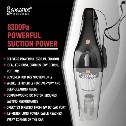 Image of Cockatoo WL-X07 Handheld Vacuum Cleaner for Car, 12V DC Car Port Power, 6300Pa Suction, 5M Long Cord, LED Light, Suction Nozzle, Brush, Long Hose, Portable Car Cleaning Tool, Black
