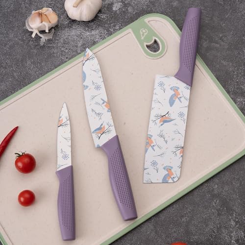 Image of Amorston 4-Piece Black Kitchen Knife Set with 3 Ceramic Coated Knives & 3-Stage Knife Sharpener | Non-Stick Stainless Steel Blades | Ergonomic Handle | Multipurpose Cooking Knife Set (Purple)