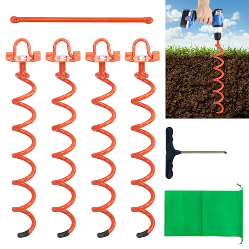 MIXXIDEA Gound Anchors Screw in, Metal Spiral Earth Anchors Kit, Heavy Duty Folding Ring Spiral Stake with Straps, Ground Stakes for Tent (Orange, 17.5 Inch)