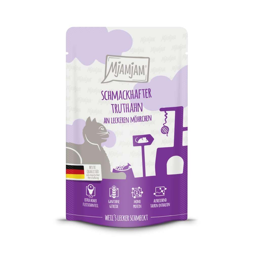 MjAMjAM - premium wet food for cats - Quetschie - tasty turkey with delicious carrots, pack of 12 (12 x 125 g), grain-free with extra meat