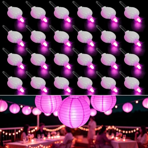 Image of 24 Pack Paper Lantern Lights, Mini LED Battery Operated Lights,Pink | Waterproof, Last 36 Hours, Hanging Decorative Lights for Wedding Camping Christmas Party Balloon Lanterns