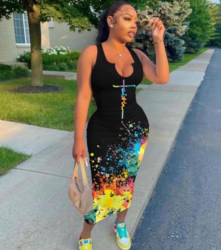 Image of Nimsruc Women Casual Sexy Deep U Neck Tank Top Bodycon Dress Summer Sleeveless Wrap Long Basic Party Club Maxi Dresses
