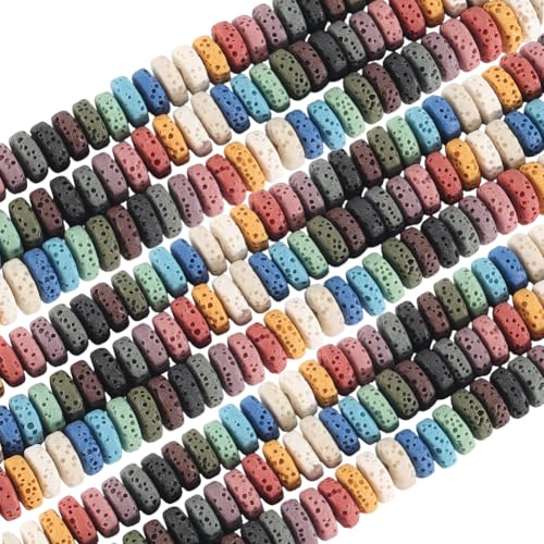 PONABEADIY 1 Box 4 Strands 216PCS Colored Lava Stone Beads with Holes Natural Volcanic Rock Flat Round Oil Essential Diffuser Chakra Gemstone Spacer Bead for Jewelry Making Bracelet Necklace Diy Craft
