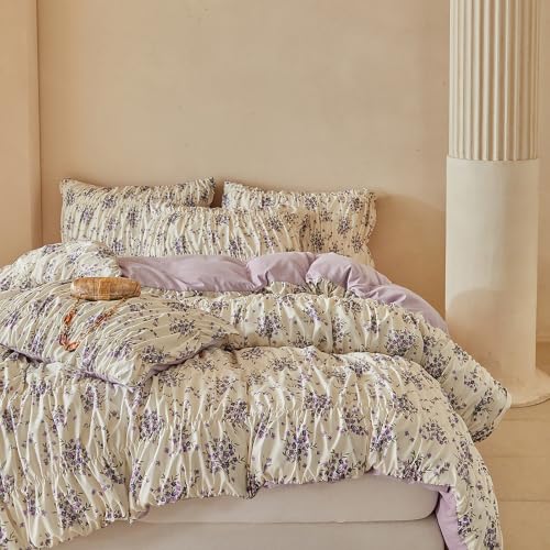 Image of VM VOUGEMARKET Shirred Duvet Cover Set Twin,Vintage Purple Floral