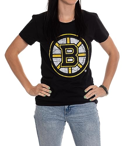 Calhoun NHL Surf & Skate Womens Distressed Print Fitted Crew Neck Premium T-Shirt (Boston Bruins Large)