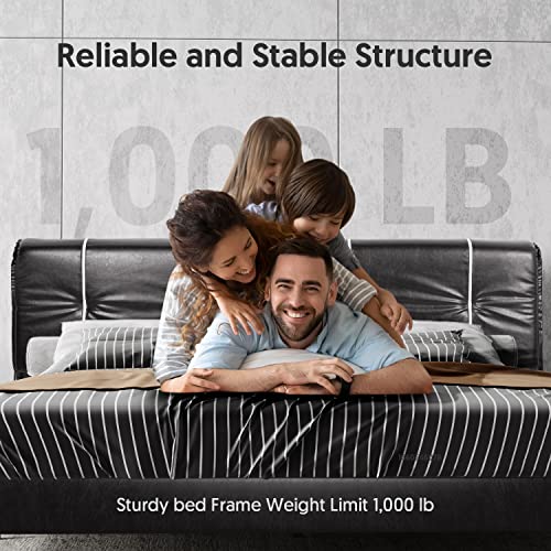 Bonsoir Queen Size Bed Frame Upholstered Low Profile Modern Platform Bed With Faux Leather Headboard/No Box Spring Needed/No Bed Skirt Needed/Black Faux Leather (Black) #TOP4