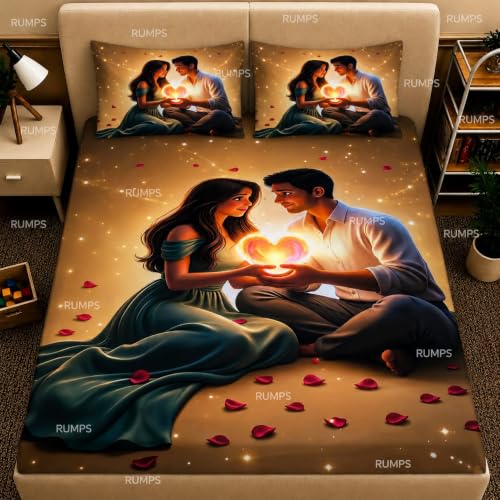 Image of RUMPS 7D HD Digital Printed Romantic Couple King Size Bedsheet with 2 Pillow Covers | Love Theme Designer Bedding Set | Luxury Bedroom Decor Collection | Size 90x100 Inches