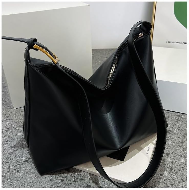 2026 New Tote Bag Spacious Fashion Commuter Bag Effortless Style Underarm Shoulder Handbag PU Leather Solid Color Women's Wide Strap Big Bag-Black