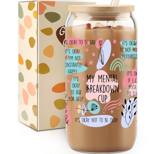 My Mental Breakdown Mug, Mother's Day Gift, Iced Coffee Cup, Gift for Women Friends, Her, Affirmations Tumbler, Motivational Gifts, Uplifting Present Ideas, Birthday, 16oz Glass cup with Lid and Straw