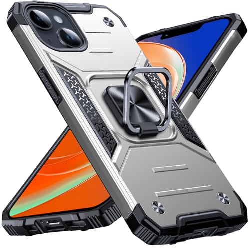 Image of Anqrp Heavy Duty Case for iPhone 13 Mini Case with Enhanced Ring Holder Grip Stand, Military Grade Shockproof Rugged Drop Protective Silicone Hard Slim iPhone 13 Mini Phone Case Cover,Silver