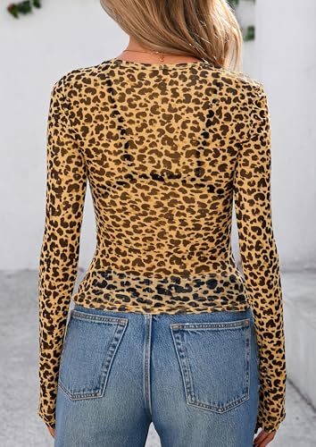 PRETTYGARDEN Women's Mesh Long Sleeve Top 2025 Trendy Fall See Through Sheer Blouse Leopard Fitted Going Out Layering Shirts
