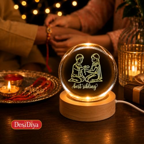 Image of Desidiya 3D Crystal Ball LED Lamp for Brother Sister Rakhi Gift, USB Base | Made from clear K9 crystal with a smooth finish and elegant wooden LED base.