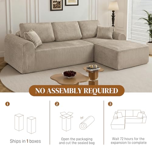 Image of 110 inch L Shaped Boneless Sectional Couches for Living Room, Comfy Corduroy Floor Cloud Sofa with Chaise, Wide Armrest, Deep Seat, Memory Foam, Assembly Free, Ideal for Small Spaces, Brown