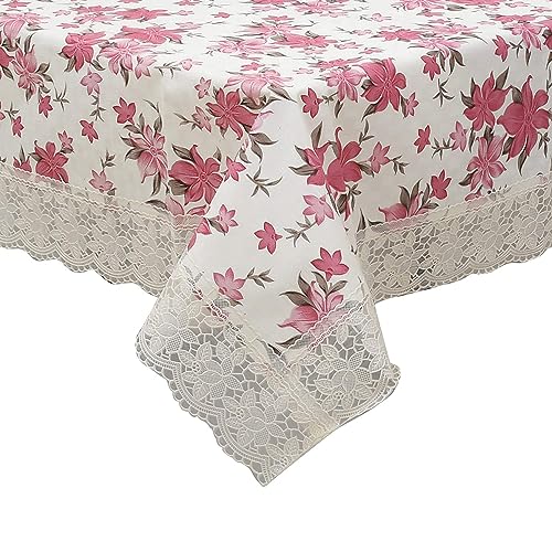 Image of Kuber Industries Floral Print Table Cloth 6 Seater|Waterproof Dining Table Cover 6 Seater|Table Protector for Indoor & Outdoor 90x60 (Cream & Pink)