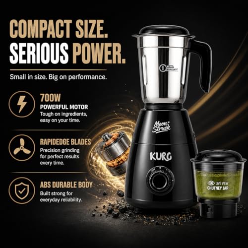 Image of Moonstruck Kuro Up to 700W Mixer Grinder | HeatShield Motor | LiveView Chutney Jar | Perfect for Bachelors, Couples & Small Kitchens | SpiceCrush Technology | 2 Year Warranty (Black)