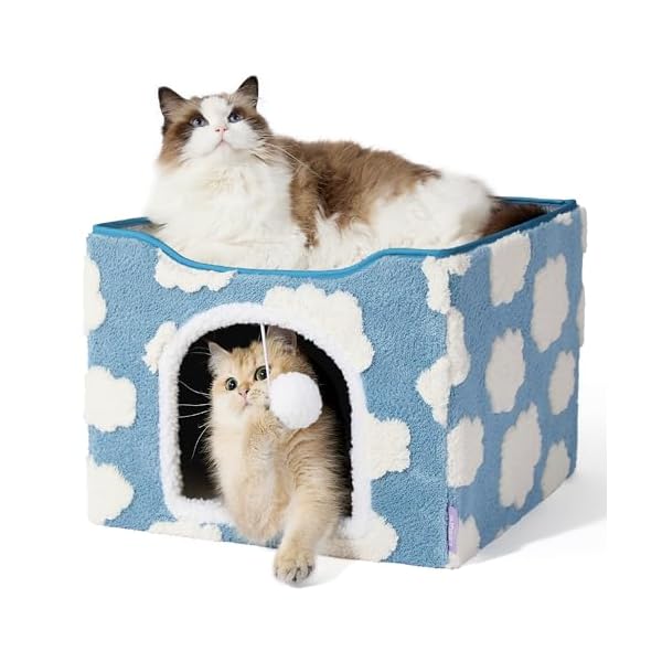 LE SURE Indoor Cat Beds Kitten House – Large Cat Cave for Pet Cube with Fluffy Ball Hanging, Foldable Small Aminal Hideaway, 17 Inches, Cozy Clouds Blue