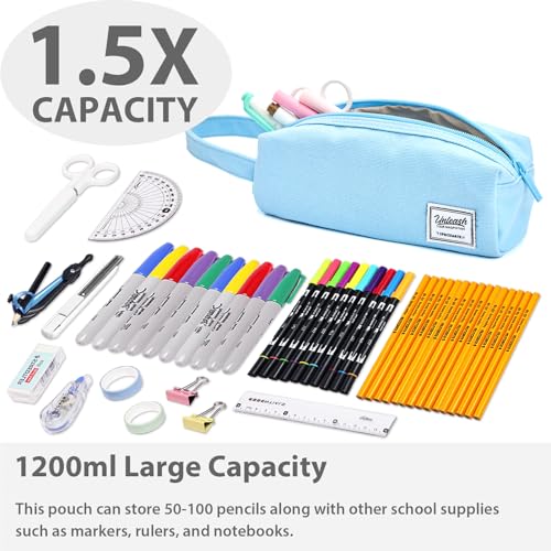 Image of SPACEMATE Pencil Case Pouch Box Bag School Supplies Girls Boys Kids, Cute Preppy Stuff Large Big Capacity Aesthetic Canvas Pen Organizer, Back to College Stationary, Sky Blue, Simple Style, 1200ml