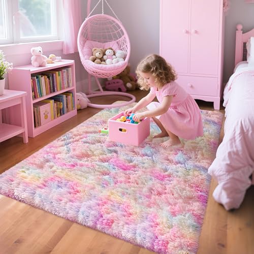 TENNOLA 3x5 Pastel Rainbow Rug for Girls Bedroom, Fluffy Colorful