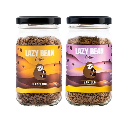 Image of Lazy Bean Flavoured Instant Coffee Combo - Hazelnut & Vanilla (50g Each) | Premium Instant Coffee Powder | Smooth Medium Roast, Rich Aroma | Quick Dissolving | Hot & Iced Coffee
