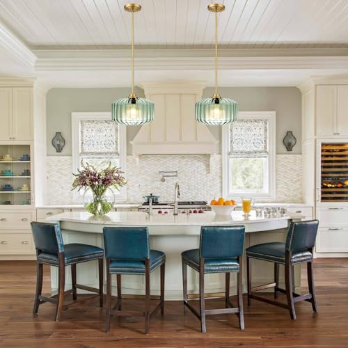 Image of 2 Pack Mid Century Gold Pendant Light Fixtures Adjustable Ceiling Hanging Light Mint Green Glass Chandelier for Hallway Porch Kitchen Bedroom Coffee Shop Dining Room