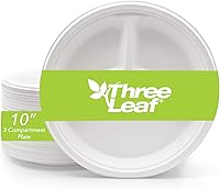 Vista 13 de three leaf 23 cm PLATO REDONDO DE BAGASSE DE 3 COMPARTIMENTOS, 50 unidades. Platos desechables de bagasse resistentes, super fuertes, naturales