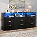 Gyfimoie Fluted 9 Drawer Dresser with LED Lights, Modern Black Chest of Drawers with Power Outlet & Curved Top, Wood Dresser TV Stand, Black Double Dresser for Bedroom, Hallway, Living Room