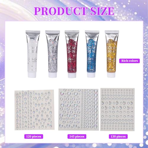 5 Stück Glitzer Gel Gesicht mit 3 Blätter Glitzersteine Selbstklebend, Glitter Liquid Gel, Glitter Sequins Chunky GlitzerLiquidGel mit DIY Strasssteine, Glitzer Festival Schminke für Festival Party