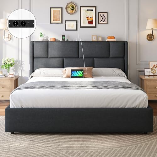 Brinlawb Polsterbett 180x200 cm mit Hydrauliksystem, Bettgestell 180x200 cm mit Steckdosenleiste und höhenverstellbarem Kopfteil, Bett 180x200 mit Stauraum unter dem Bett, Doppelbett, Dunkelgrau