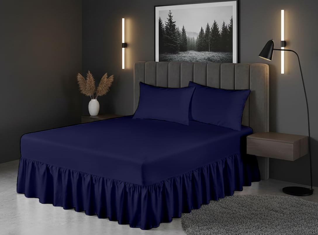 Luxury Polycotton Fitted Valance Sheet – Plain Dyed Bed Skirt Platform Base Cover, Easy Care, Wrinkle Resistant, (Navy, Super King)