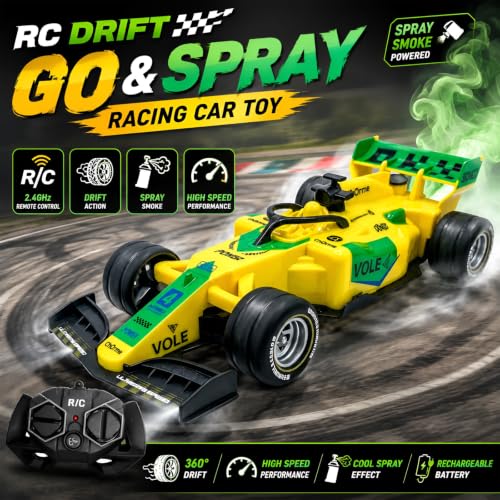 Image of WireScorts Rechargeable High Speed F1 Formula Racing Car with Smoke Spray and Lights for Kids, RC Car for 4-15 Years Old Boys, Racing Car for Kids, Smoke Mist Spray & LED Lights - Yellow