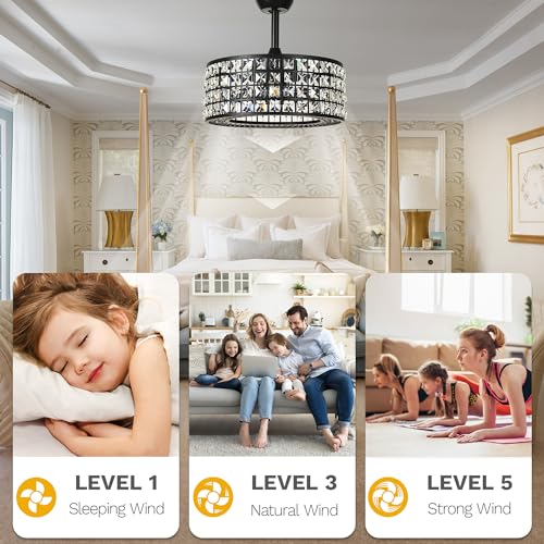 DWVO 18" Crystal Caged Ceiling Fans with Lights, Enclosed Modern Ceiling Fan with Remote Control Reversible Industrial Chandelier 3 Speeds, 3 Color Temperatures for Bedroom, Living Room, Dining Room