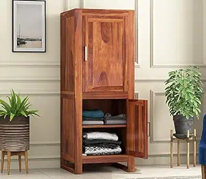 GCA1 WOODZONE Elegant Sheesham Wood Wardrobe: Spacious Storage with 2 Doors & 4 Shelf for Bedroom and Living Room - Wooden Almirah for Organized Clothing (Jonah, Honey Finish)