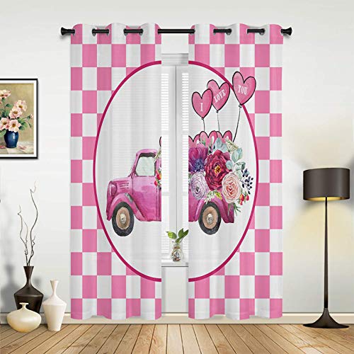 Valentine Curtains & Drapes For Living Room Pink Truck Romantic Flowers Balloons Pink Plaid Window Curtains For Bedroom Grommet Top Kitchen Curtain Semi Sheer 2 Pannels Set 52X96Inx2 #TOP1
