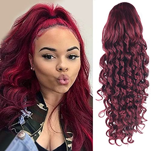 Long Wavy Drawstring Ponytail Extension for Black Women High Puff Ponytail Hair Pieces Curly Wavy Ponytail Extension 22 Inch Clip in Ponytail Synthetic Ponytail Hairpiece (red#)