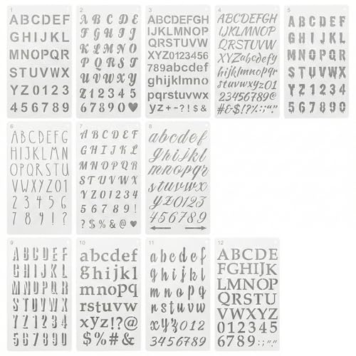 ZMaglorian Plantillas de Letras y Números Reutilizables, 12 Piezas Esténcil Alfabeto para Pintar, Plantillas para Dibujar y Manualidades, Set Completo de Diseño Proyectos Creativos
