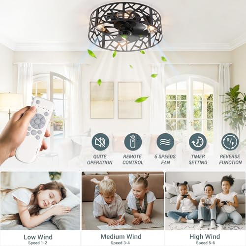 Image of 20 inch Farmhouse Flush Mount Ceiling Fan with Light and Remote, Black Caged Low Profile Fandelier, 6-Speed Reversible Enclosed Ceiling Fan for Bedroom, Kitchen, Small Room