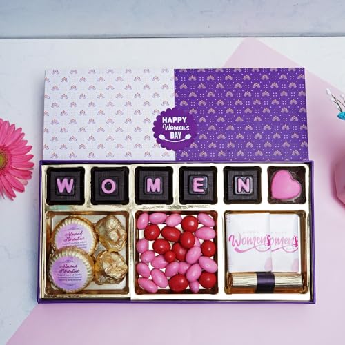 Image of Velvet Fine Chocolates Gift Hamper Sweets blessing chocolates 6 assorted chocolates, 2 almond florentines, 2 almond rocks, 75 gms assorted dragees, 2 chocolates bars, 1 fruit and nut chocolate log