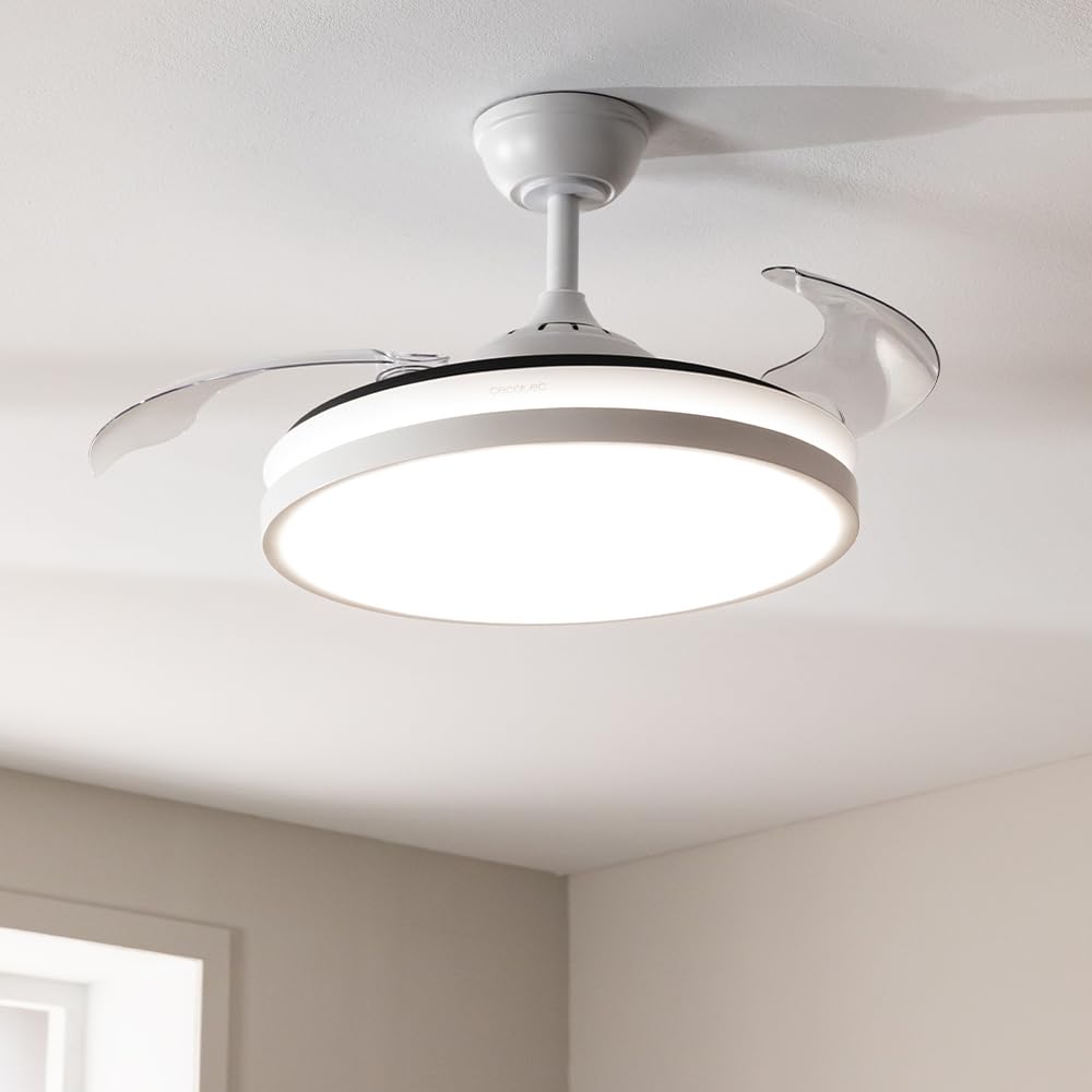 Cecotec Ventilateur de Plafond avec Lumière Energysilence Aero 4300 Invisible White. 35W, 6 Vitesses, Pales Rétractables, Télécommande, Minuteur, Lumière LED Intégrée, Intensité Lumineuse Réglable