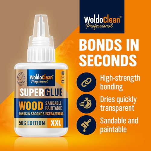Image of WoldoClean Super Glue for Wood 50g Extra Strong Gel - Wood Adhesive | Fills fine cracks and gaps, water resistant and sandable when cured