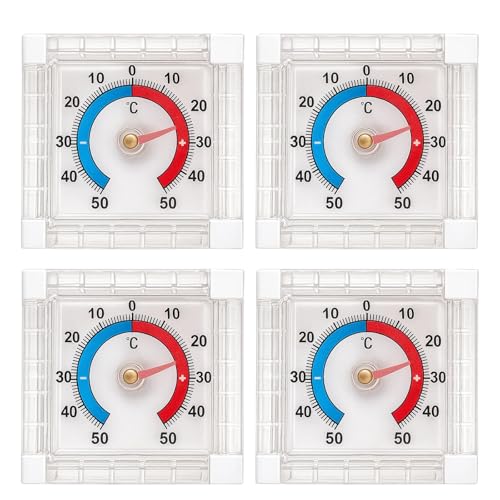 4 Stück Fensterthermometer Aussen, Aussenthermometer Wetterfest, Analoges Thermometer für Fenster und Kühlschrank, 7.5 * 7.5 * 2.3 cm