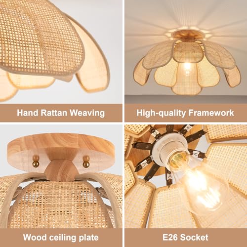 Image of 20 Inch Boho Flower Ceiling Light Flush Mount Rattan Light Fixture