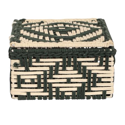Image of Kaahira Handmade Decorative Storage Box and Organiser | Macrame Gift Hamper Box for Cosmetics, Toiletries & Return Gifts | Aesthetic Rope Woven Organizer (Green and White, Small - 9x6x4 inches)