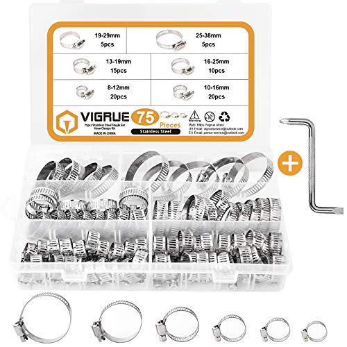VIGRUE 75PCS Hose Clamps Assortment 100% 304 Stainless Steel Adjustable Worm Gear Hose Clamps with Wrench, Fuel Line Clamp for Plumbing Automotive and Mechanical Applications (8-38mm Range)