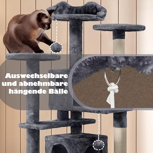 Yaheetech Kratzbaum Groß, 139 cm hoch, Mehrstöckiger Katzenbaum Kletterturm mit 3 Kratzsäulen, 3 Plattformen, 2 Gemütlichen Höhlen, 2 Plüschbällen, Stabiler Aktivitätsbereich für Katzen, Dunkelgrau – Bild 7